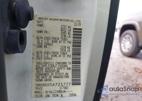 2020 Nissan Frontier King Cab S 4X2 z USA, uszkodzony, nr VIN 1N6ED0CE7LN725777